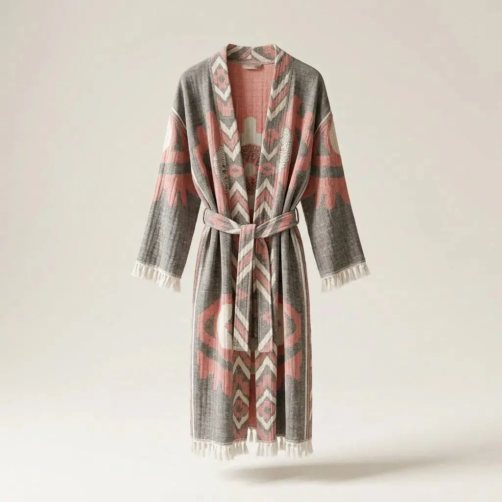 Müslin Kimono Bornoz - %100 Pamuk Etnik Desenli Kuşaklı Bornoz Sabahlık